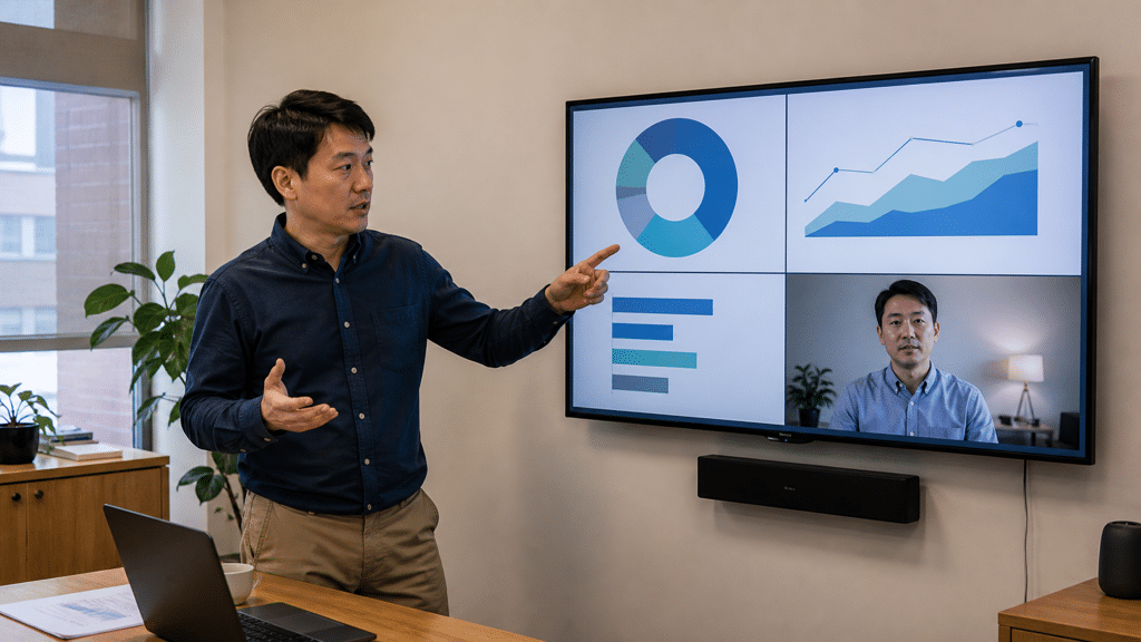Presenter rehearsing an engaging multimedia presentation for a virtual business event
