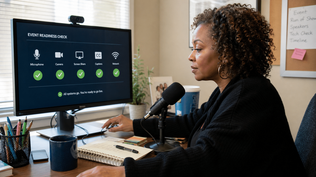 Virtual event producer confirming microphone, camera, screen sharing, captions, and network readiness