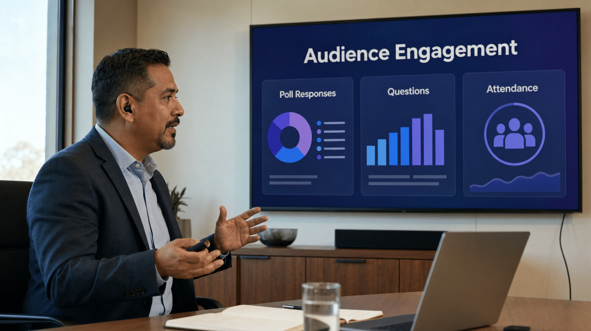 Virtual event moderator reviewing poll responses, questions, and attendance on an engagement dashboard
