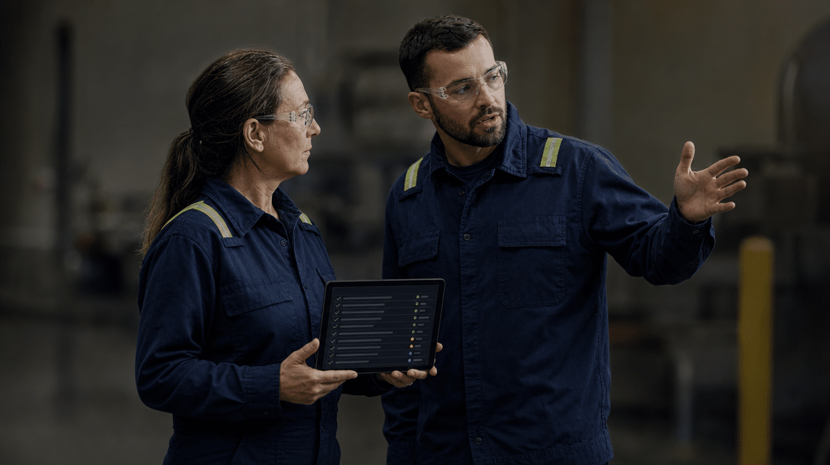 Quality auditors using a checklist tablet to verify controls during manufacturing fieldwork