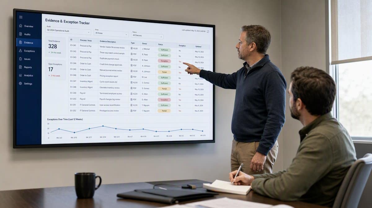 Internal auditor reviewing evidence and exceptions on a control testing dashboard