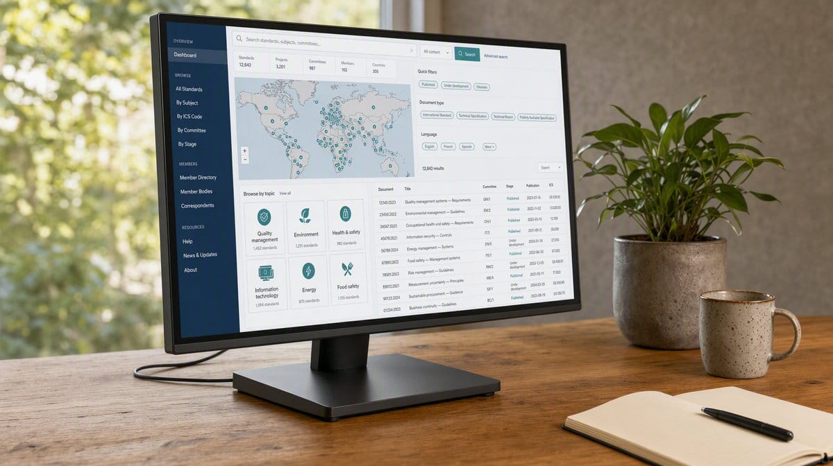 International standards portal displayed on an office monitor beside a notebook and coffee mug