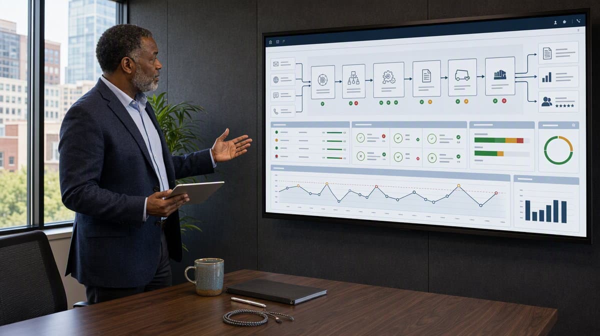 Quality director reviewing a quality management system dashboard on a meeting-room display