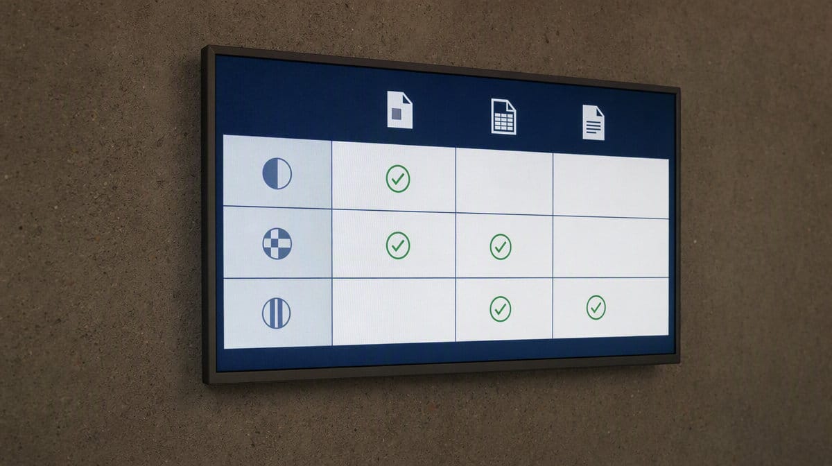 ISO 9000, ISO 9001, and ISO 9004 comparison matrix displayed on a wall monitor in an office
