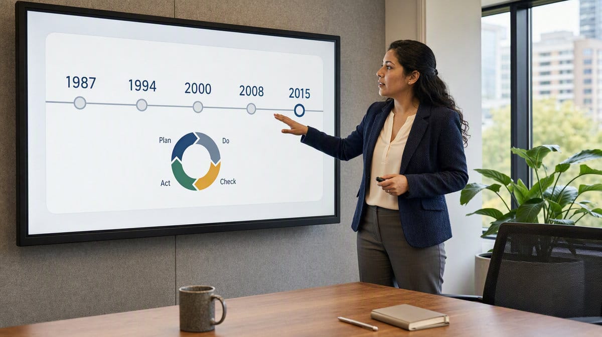 Quality specialist presenting an ISO 9001 revision timeline and continual improvement cycle