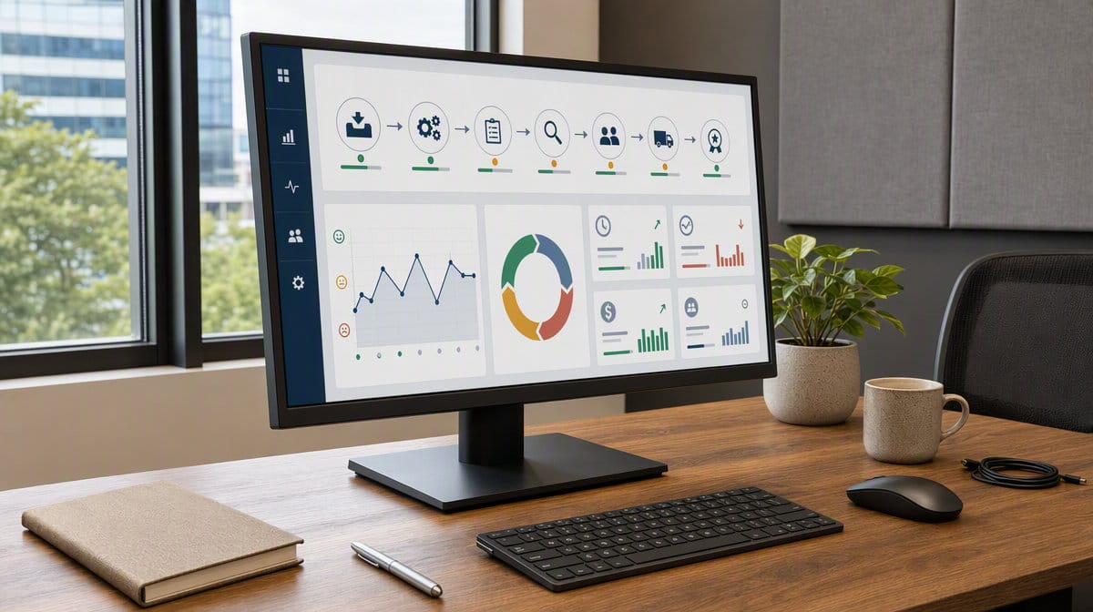 Process management dashboard showing connected workflows, customer results, and improvement trends
