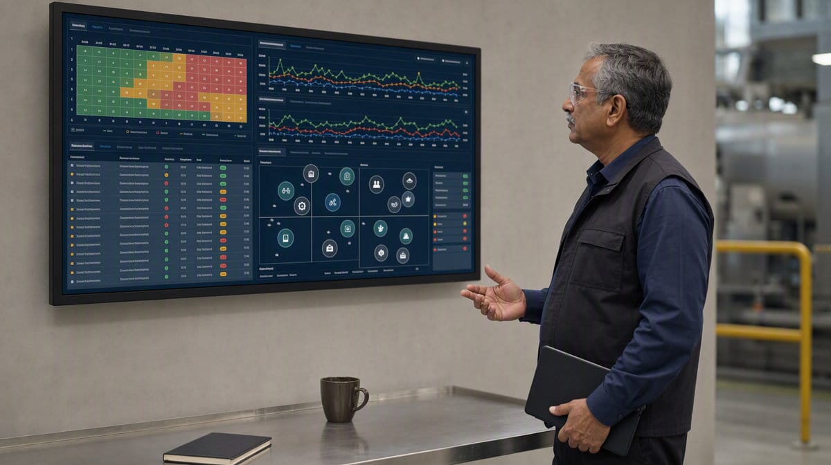 Manufacturing quality leader reviewing a risk-based quality dashboard on the production floor