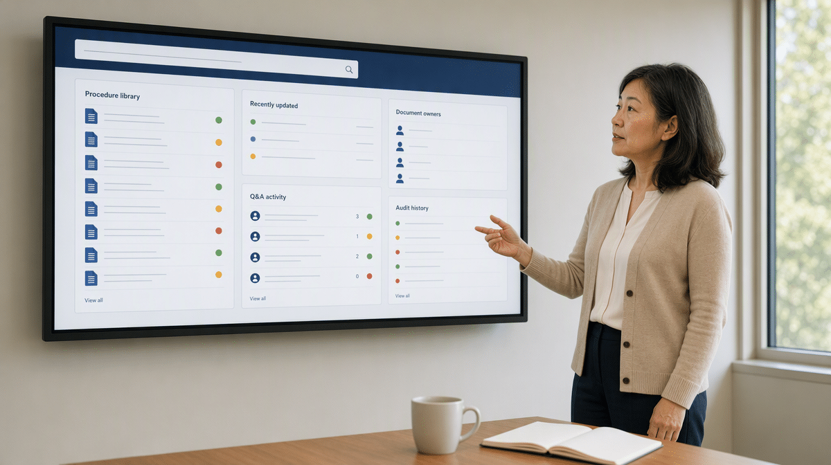 IT manager reviewing a policy knowledge management dashboard