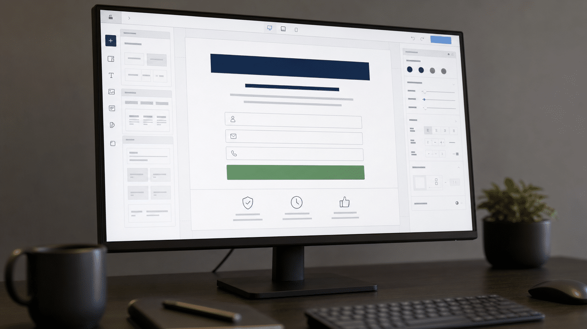 Lead generation landing page with a short contact form displayed on an office monitor.