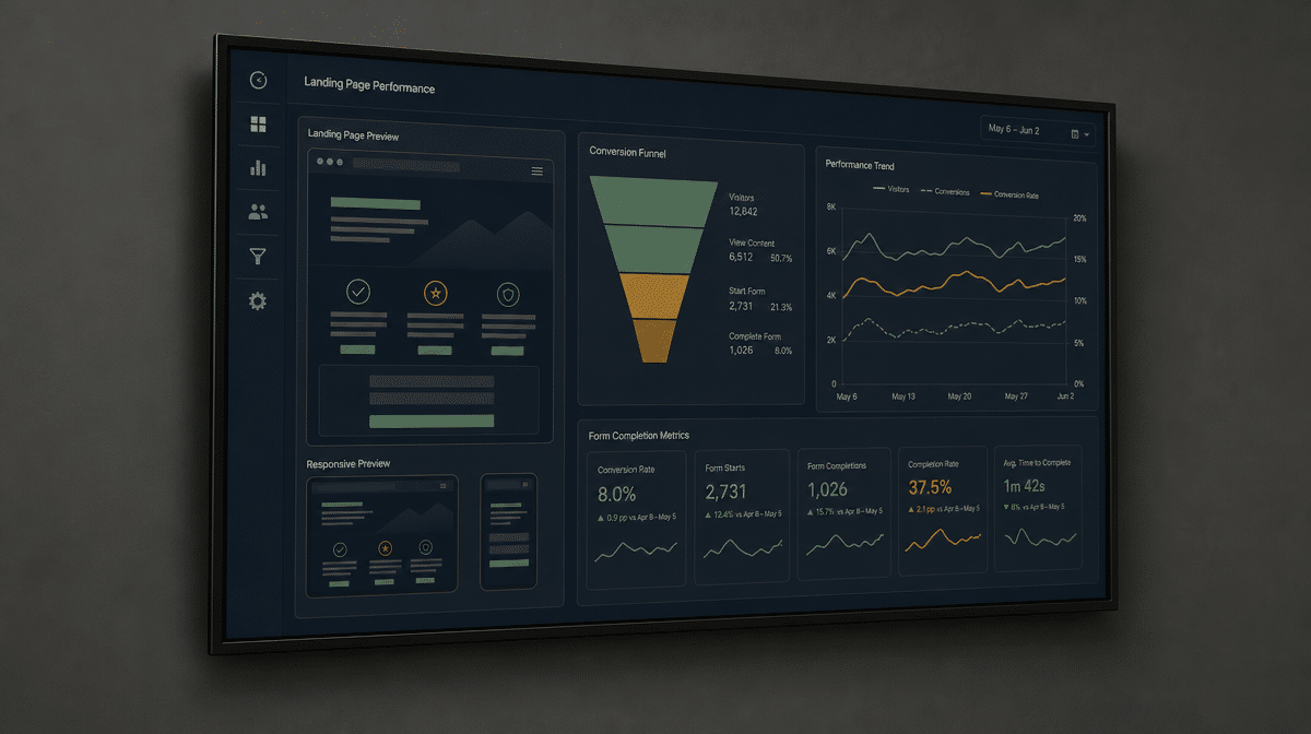 Landing page conversion dashboard displayed on a wall-mounted office monitor.