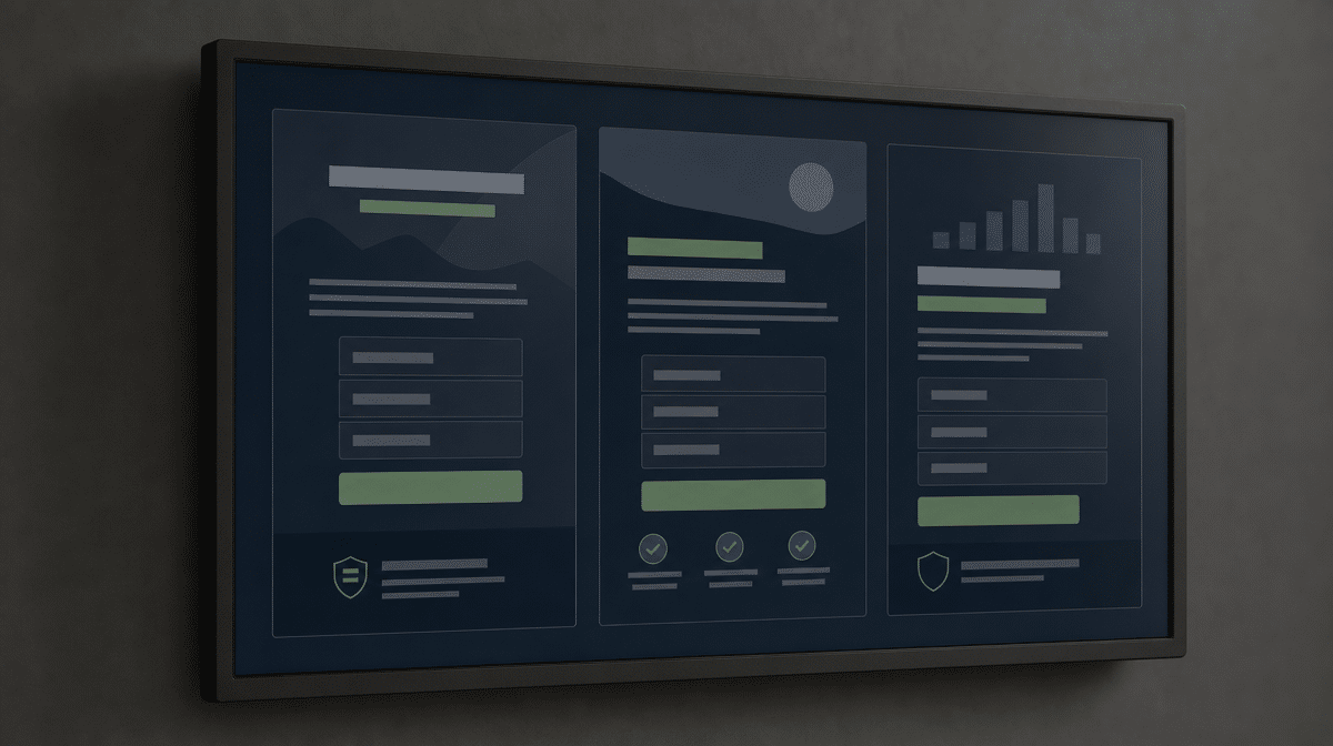 Side-by-side lead generation landing page layouts displayed on a wall-mounted monitor for comparison.