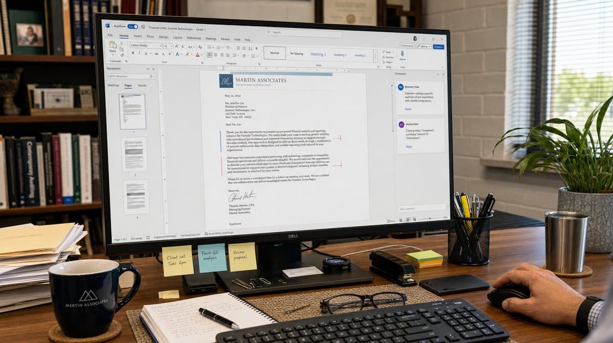 Formal business letter draft open in a document editor on an office desk monitor