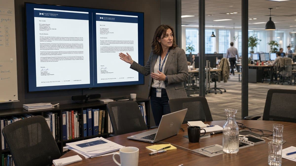 Manager comparing a letter of interest and a cover letter side by side on a meeting room display