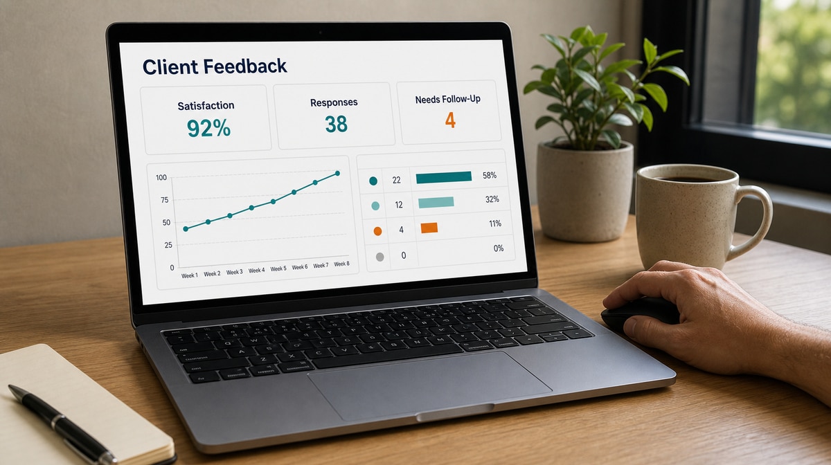 Client feedback survey dashboard on an office laptop
