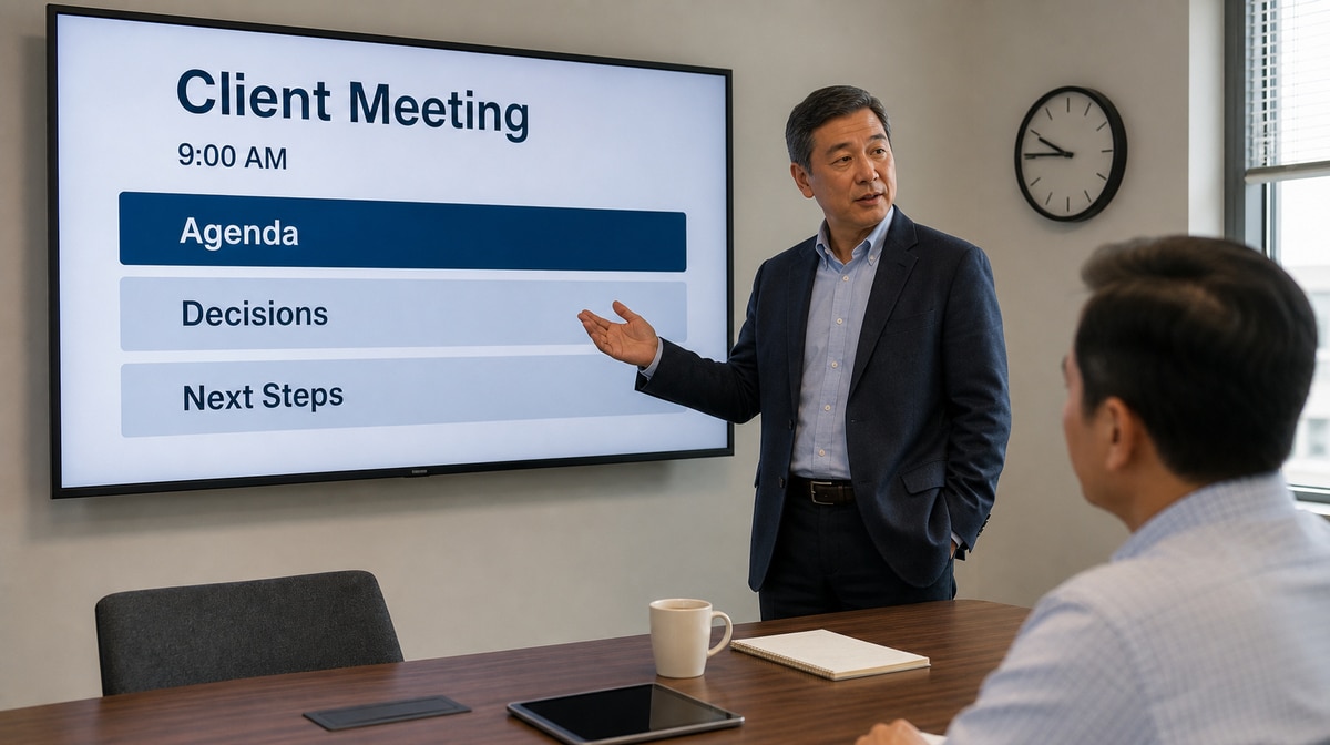Consultant leading an on-time client meeting with a focused agenda