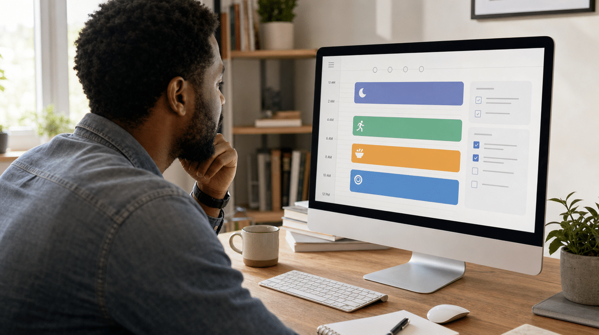 Professional reviewing a structured morning routine on a home office display