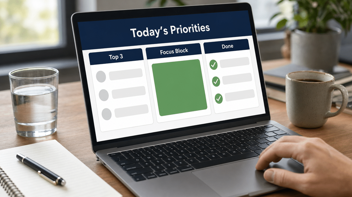 Laptop displaying a daily priorities and focus planning dashboard