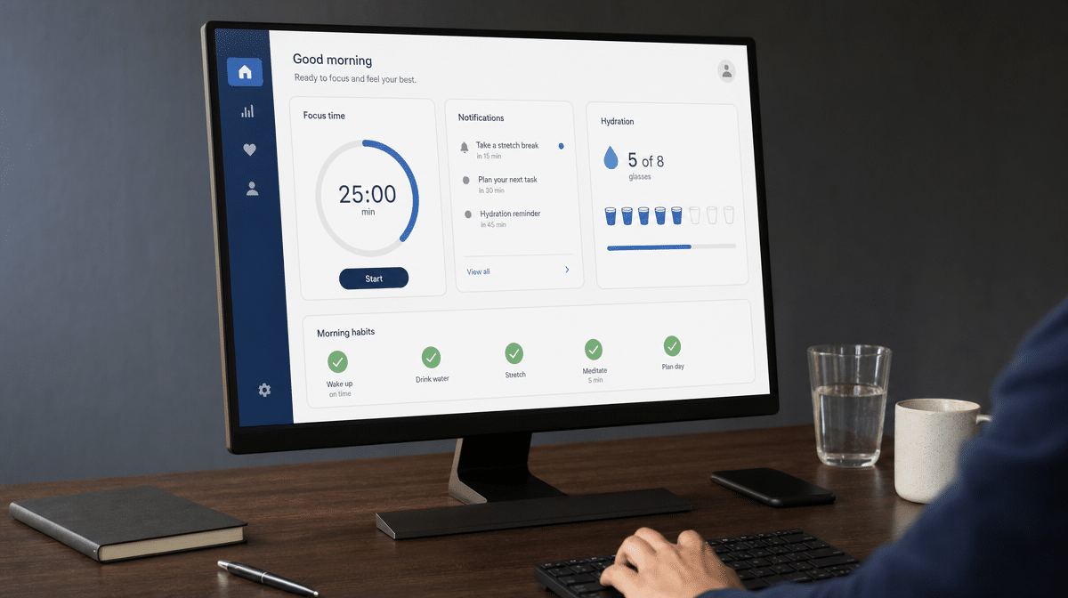 Professional reviewing focus and wellness habits with a phone set aside