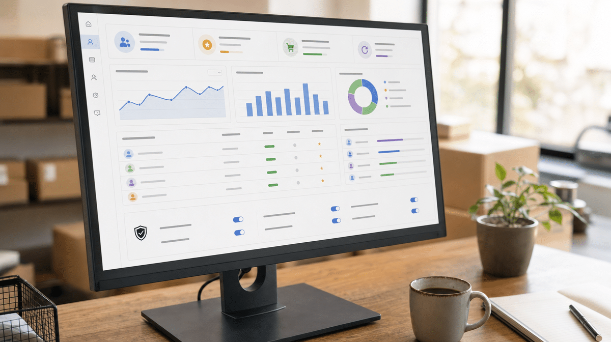 Ecommerce loyalty and customer consent dashboard on an office monitor