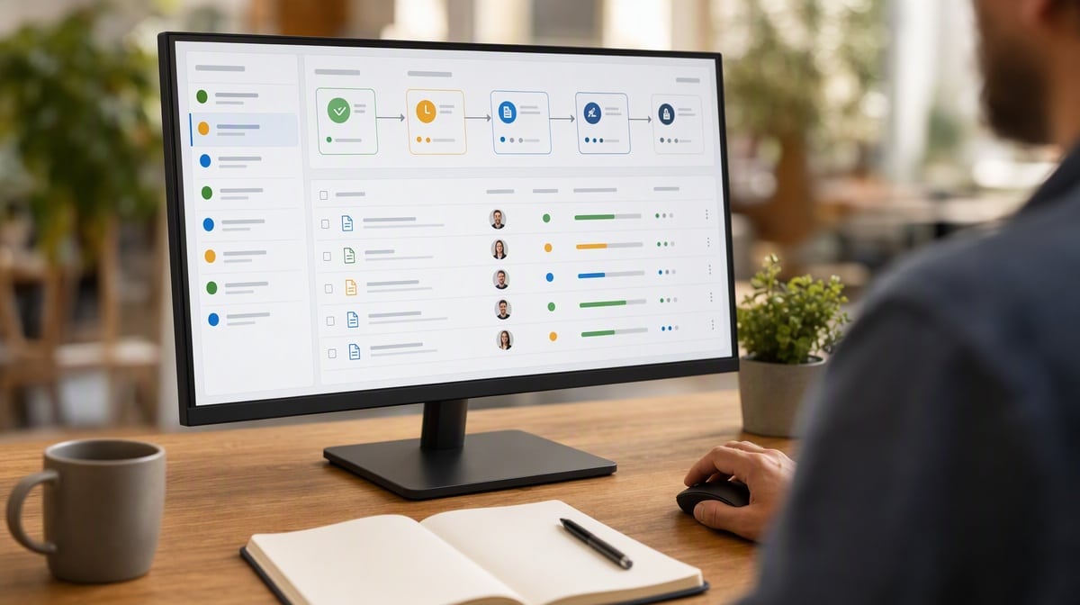 Management system document and workflow dashboard displayed on an office monitor