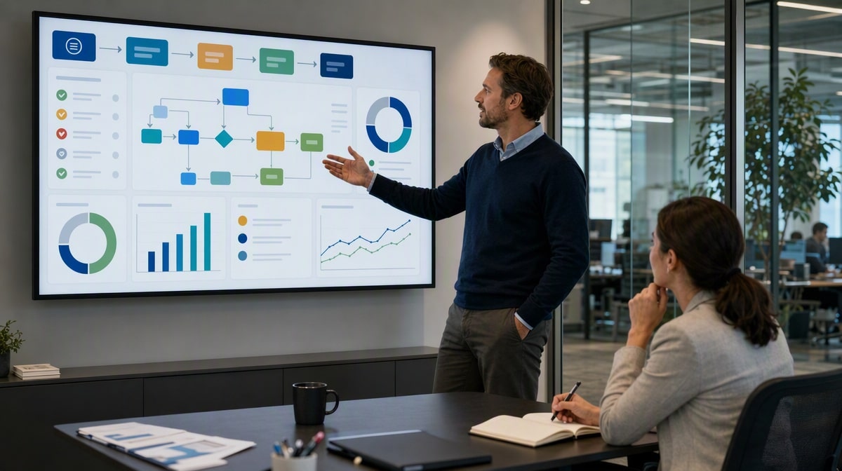 Quality manager reviewing connected workflow and performance data with a colleague