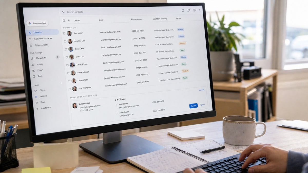 Organized contact workspace beside a business email inbox