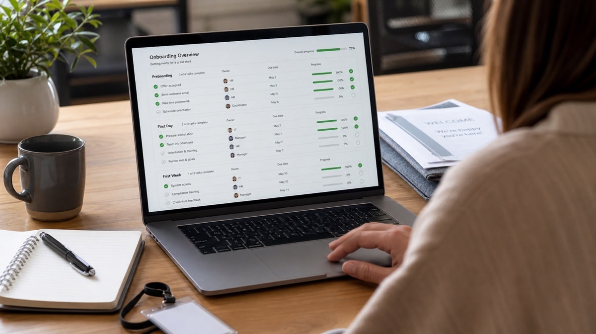 Employee onboarding workflow displayed on an HR coordinator's laptop