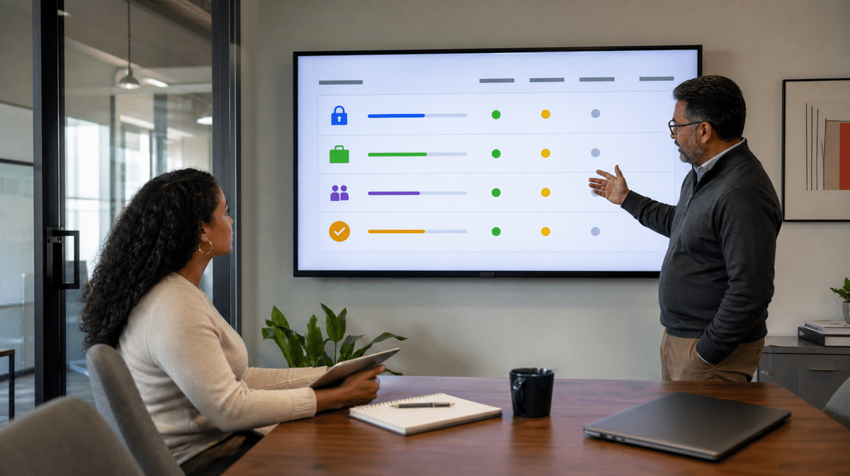 HR and IT managers reviewing an employee offboarding control dashboard