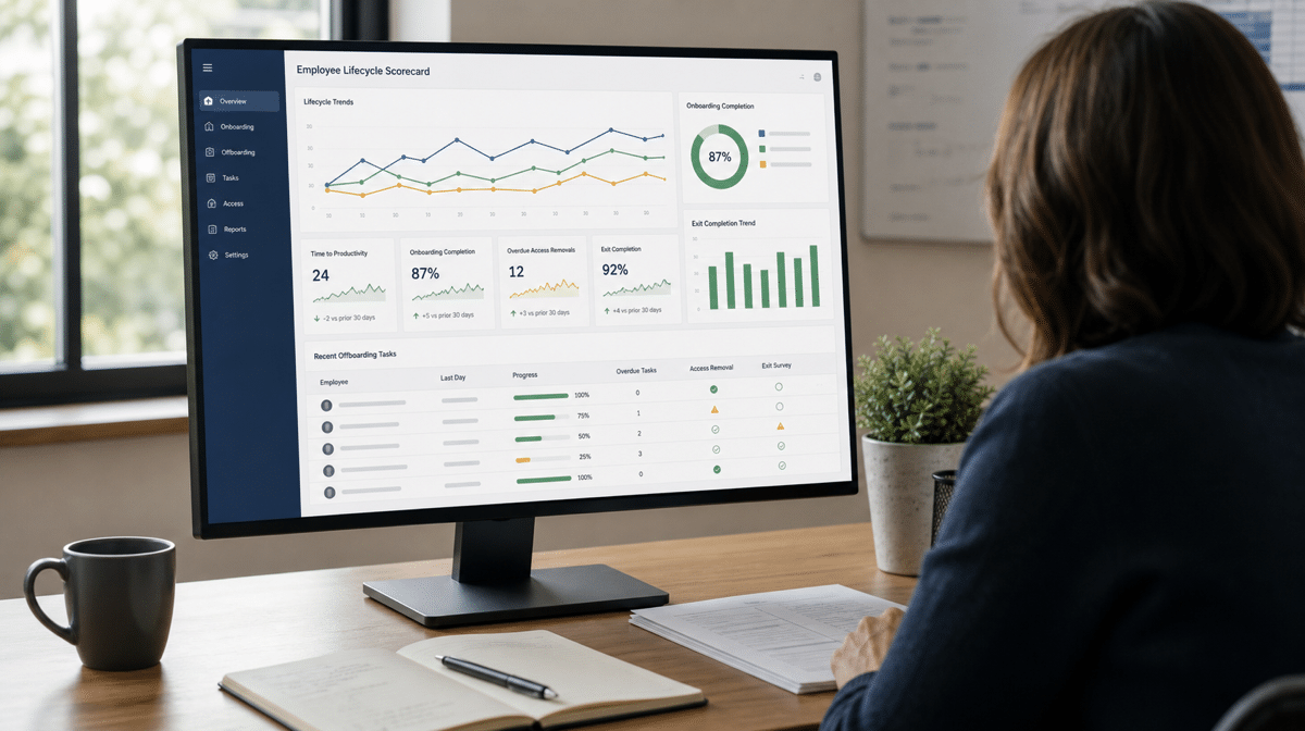 Employee lifecycle scorecard showing onboarding and offboarding performance