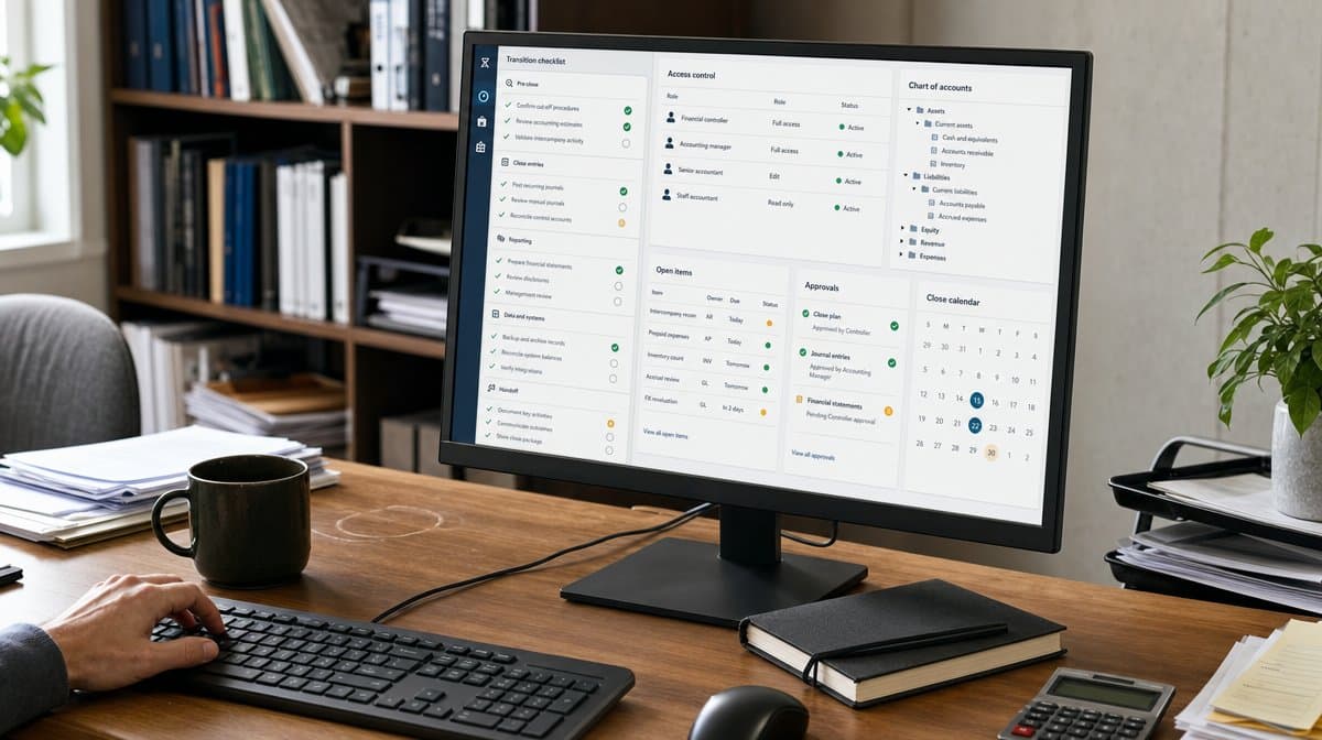 Accounting transition checklist with access controls approvals and close calendar