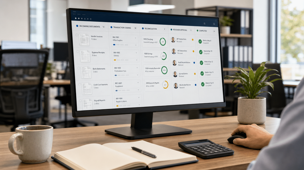 Bookkeeping responsibility matrix displayed on an office monitor