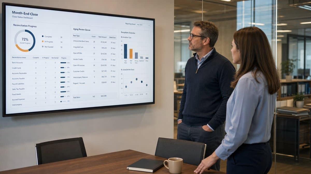 CPA firm manager reviewing an outsourced bookkeeping pilot dashboard