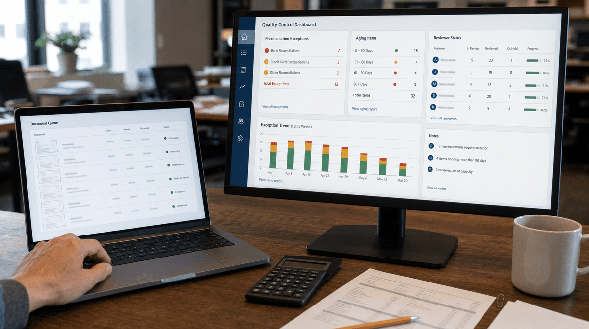 Bookkeeping quality dashboard showing reconciliation exceptions