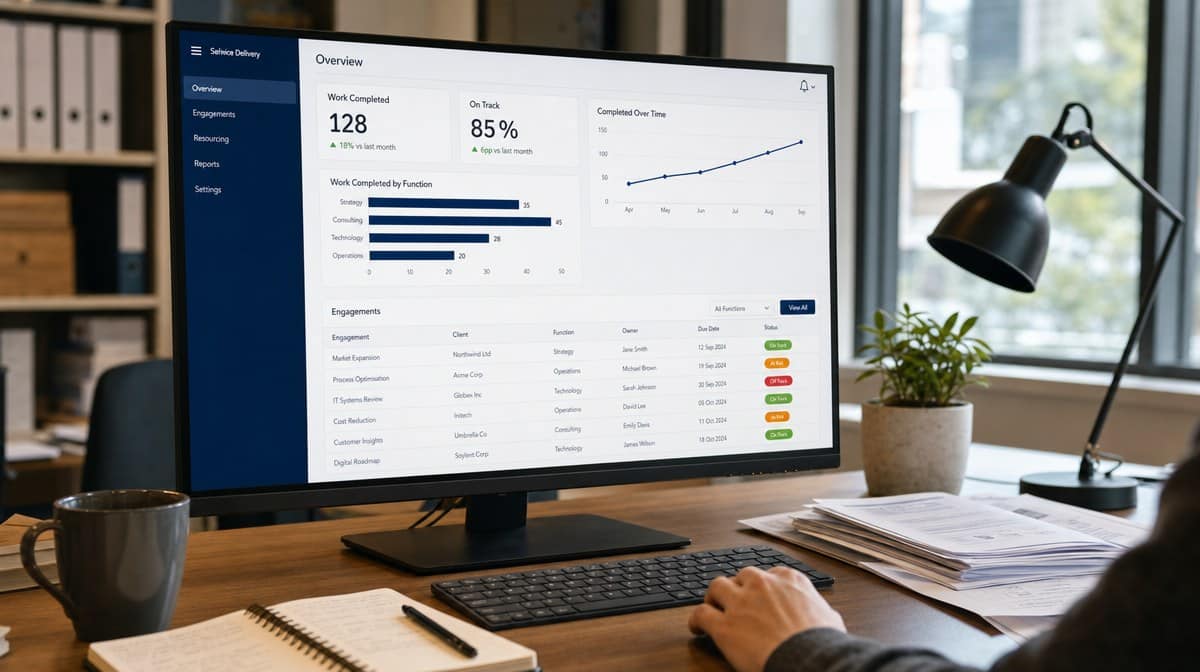 Desk monitor showing a service delivery dashboard tracking outsourced work by function and engagement status