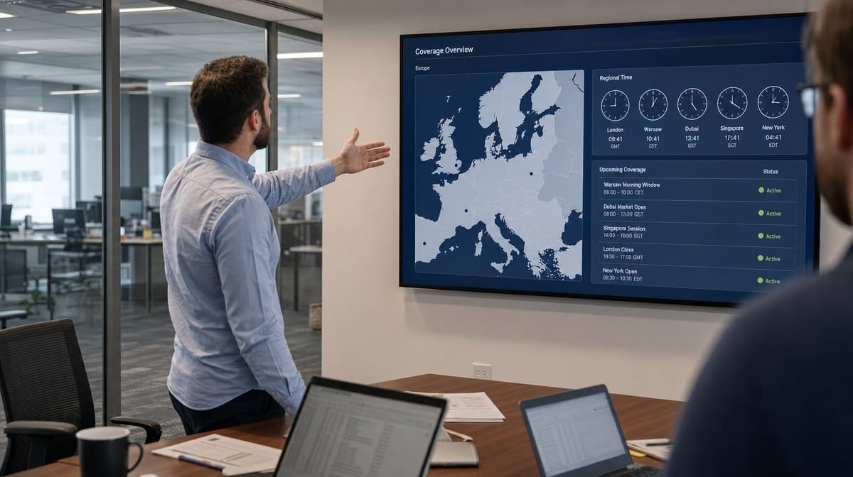 Delivery manager presenting a regional coverage dashboard with a map of Europe and time zone clocks on a wall display