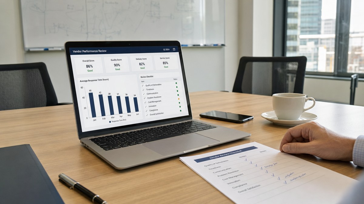 Laptop on a meeting room table showing a vendor performance review dashboard beside a printed review checklist