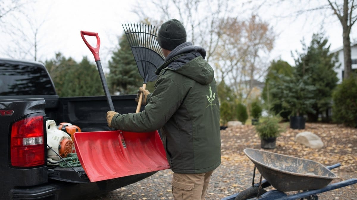 Gardener loading a snow shovel and rake into a truck for off-season winter services