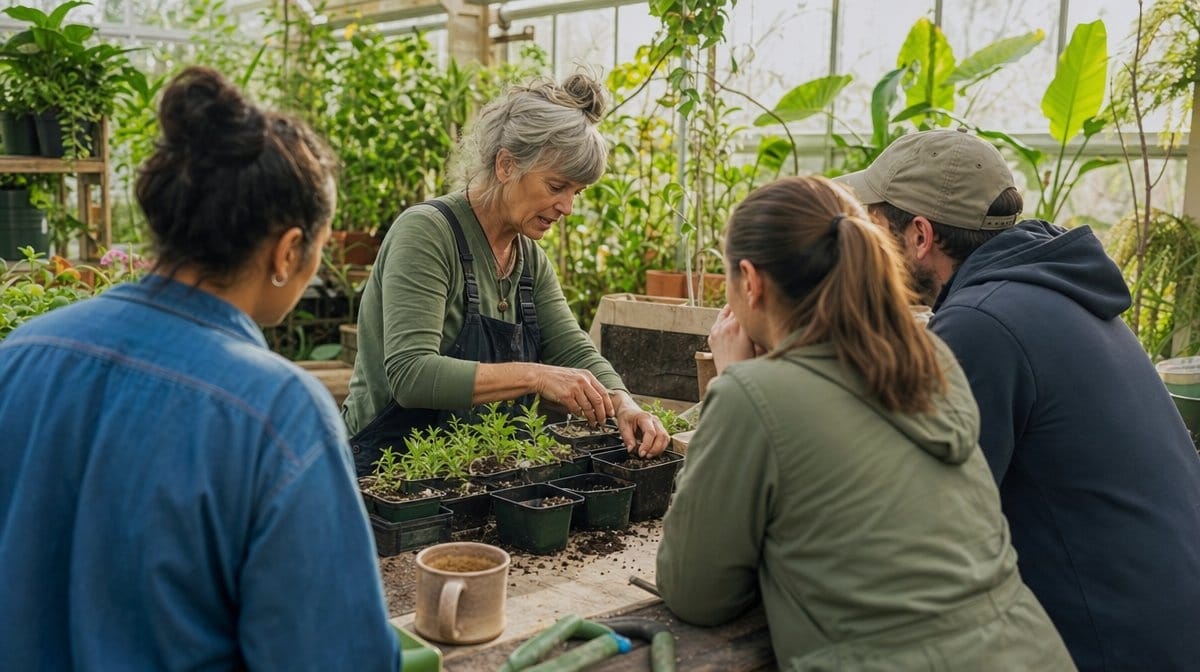 Experienced gardener teaching a hands-on seedling planting workshop in a greenhouse