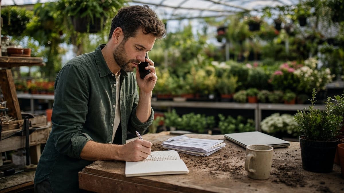 Gardening business owner taking a customer booking call at a nursery potting bench