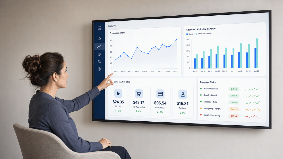 Marketing manager reviewing a performance dashboard with cost per action and attributed revenue