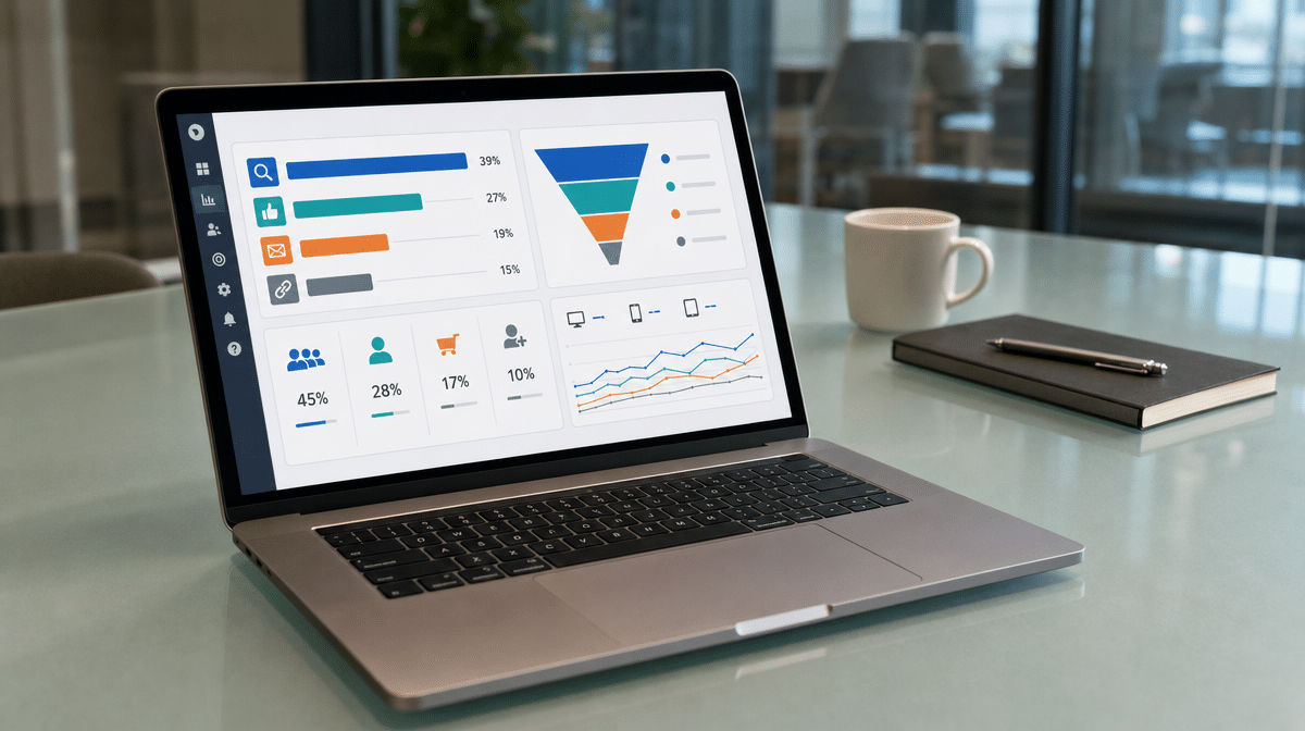 Laptop displaying a multichannel performance dashboard on a conference room table