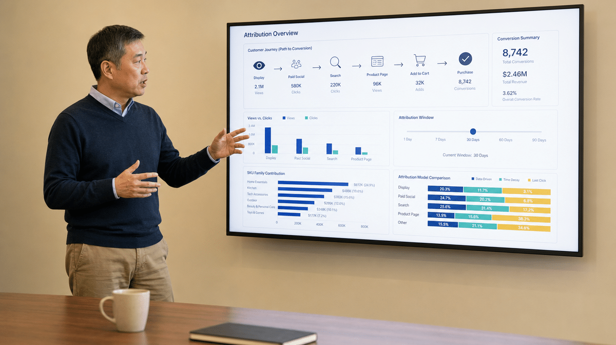 Marketing manager presenting an attribution dashboard with customer journey and conversion data