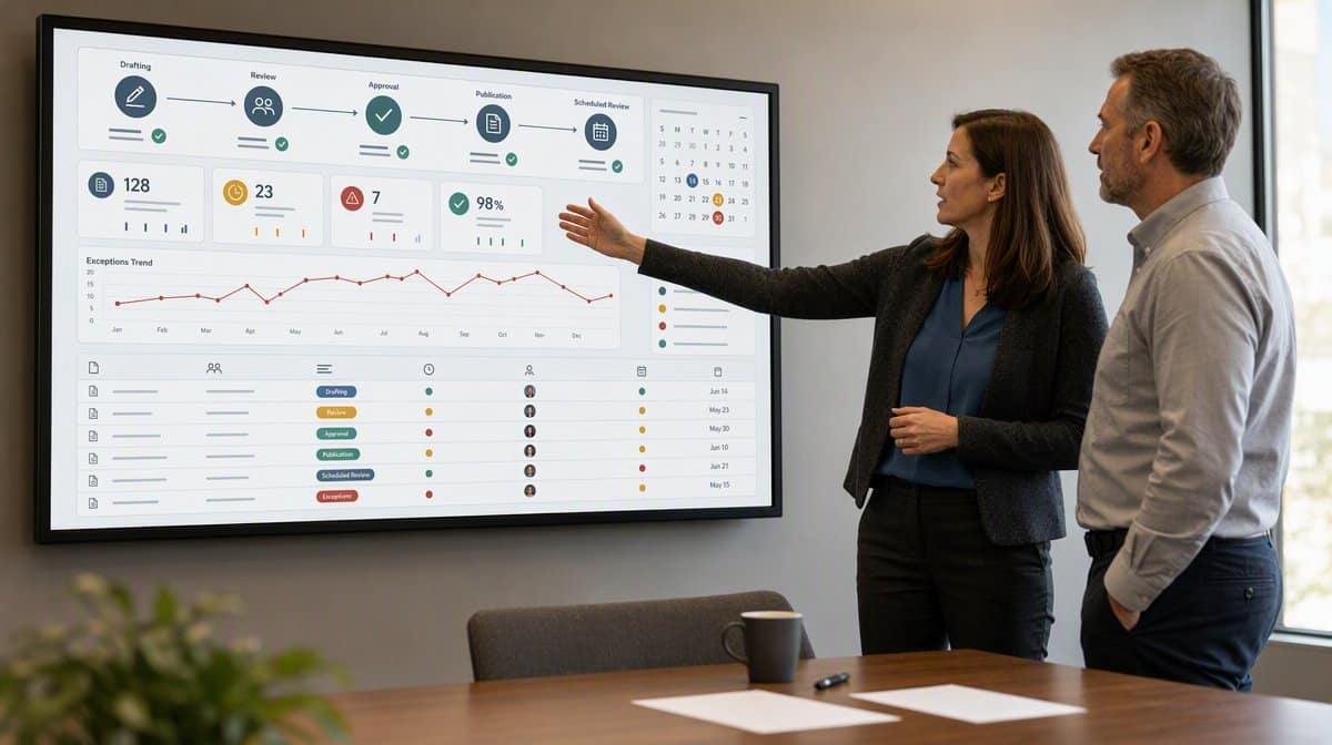 Policy owner reviewing company policy approvals, exceptions, and review dates with a colleague