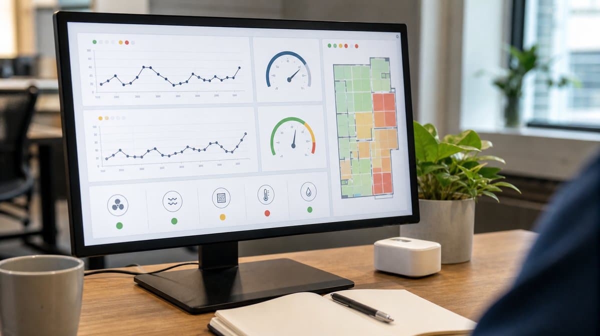 Indoor air quality dashboard showing particulate, humidity, and ventilation conditions in an office.