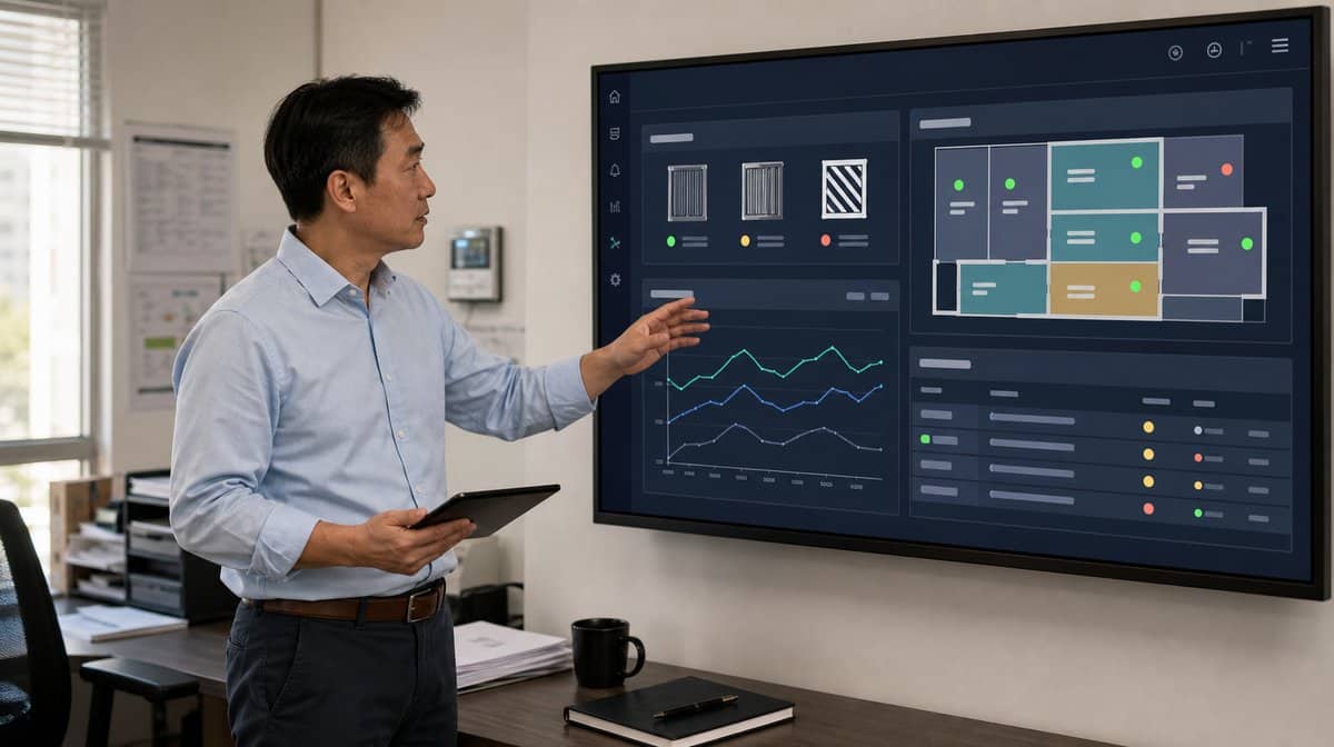 Facilities manager reviewing an HVAC filtration and indoor air quality dashboard.