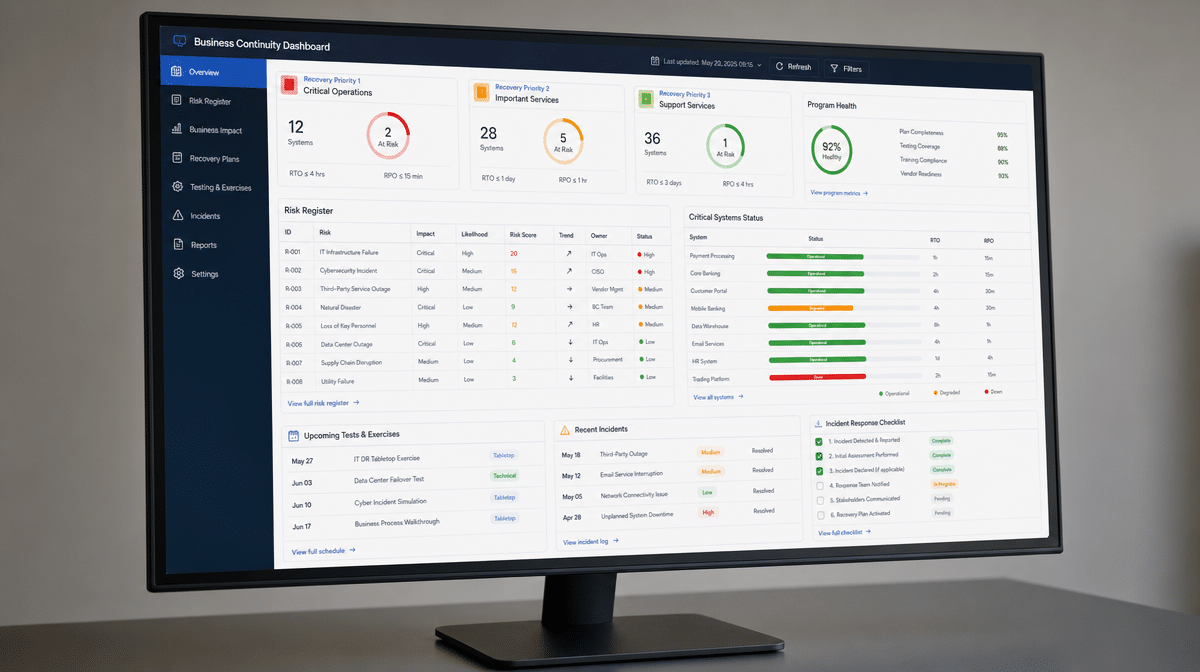 Business continuity dashboard showing risks, recovery priorities, and response tasks
