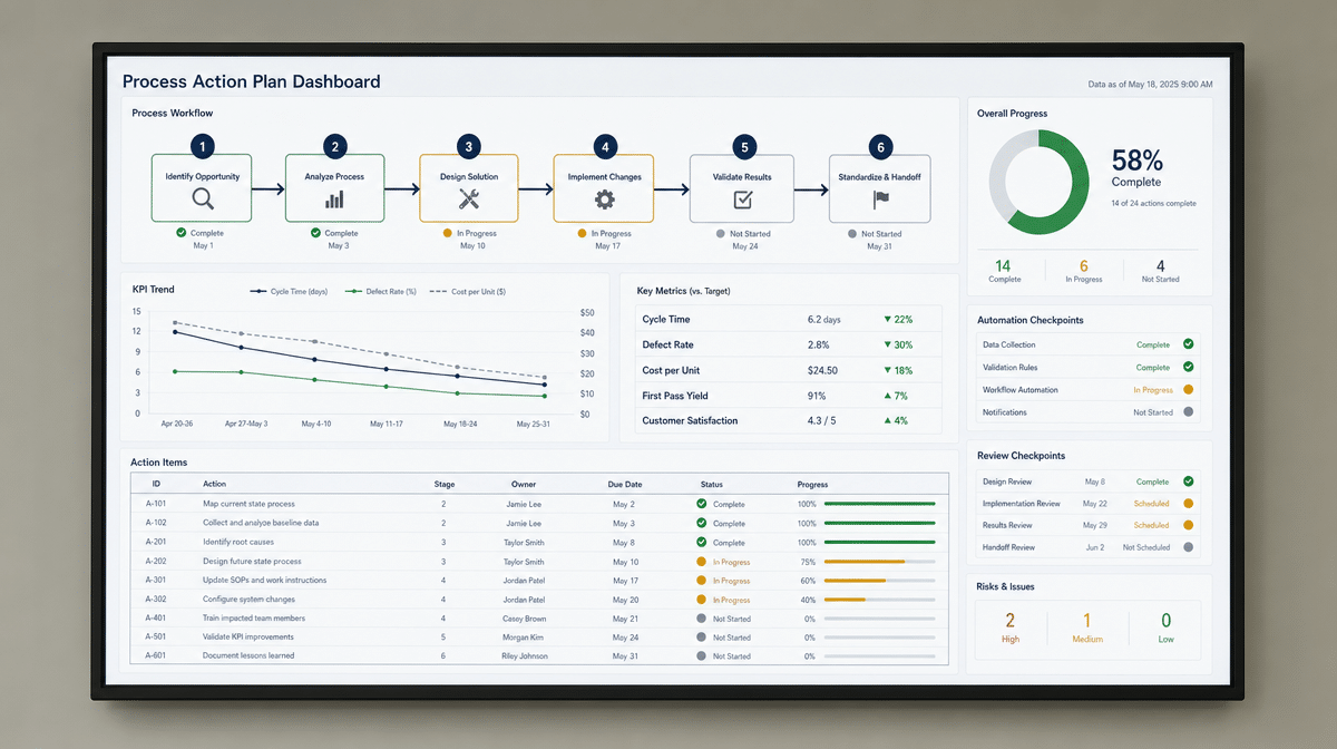 Business process dashboard tracking action plans, trends, and improvement tasks