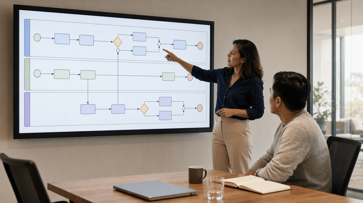 Operations manager reviewing a swimlane process map with a colleague
