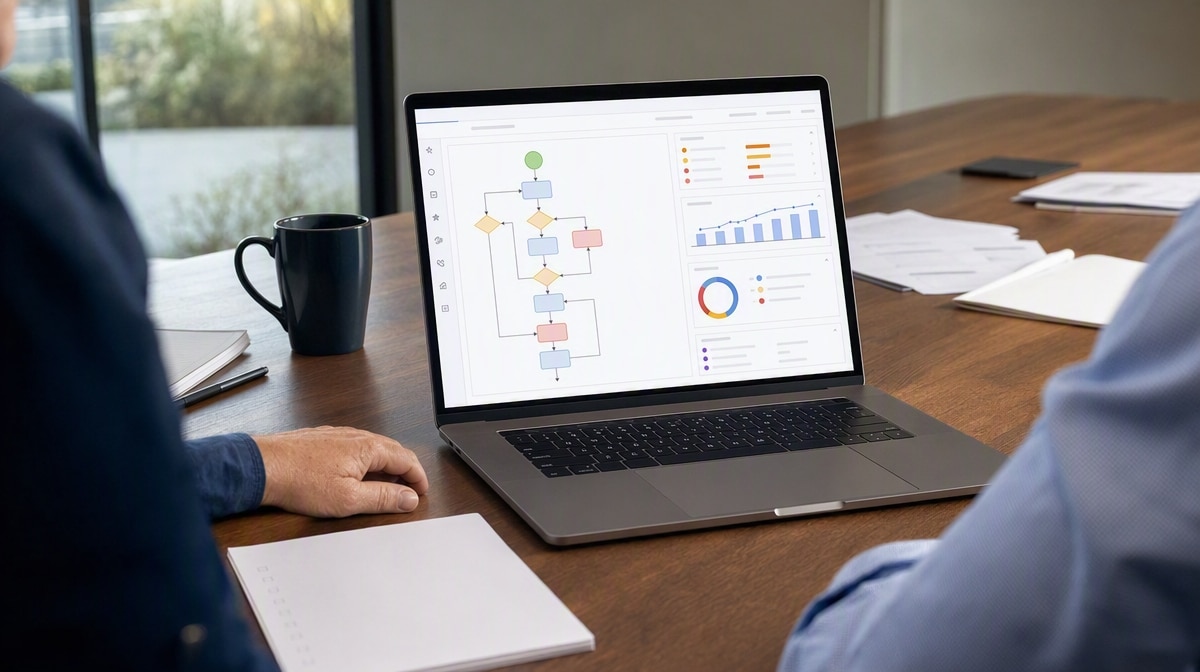 Laptop displaying process map validation metrics and exception paths