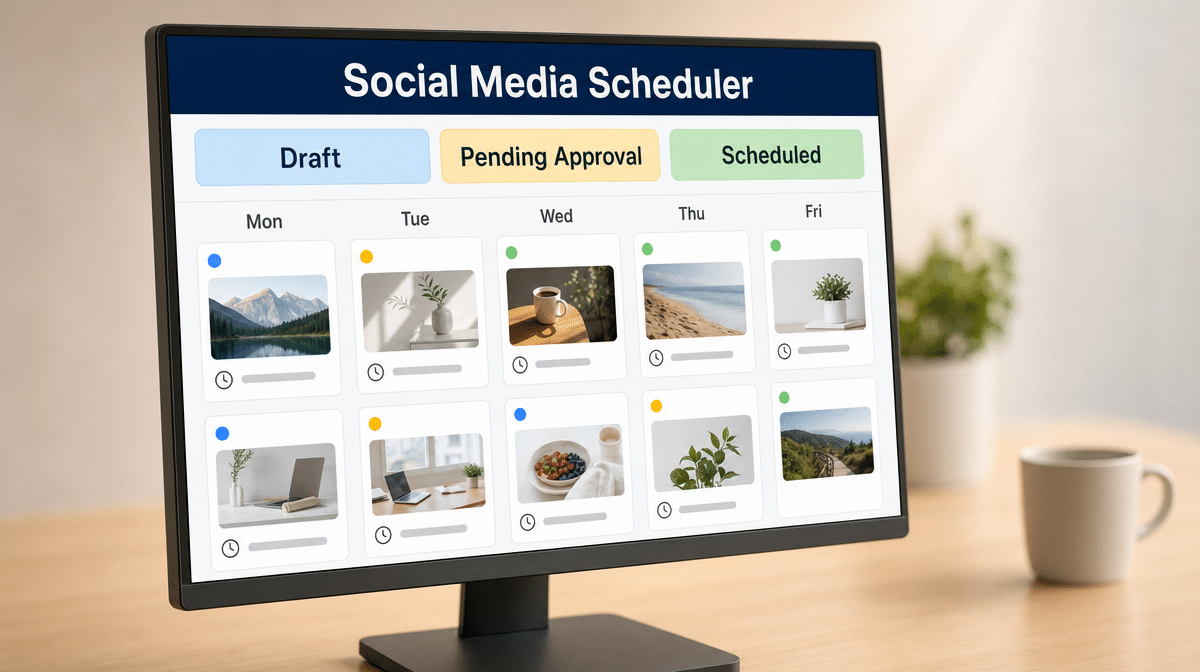 Social media scheduling queue showing draft approval and scheduled post statuses
